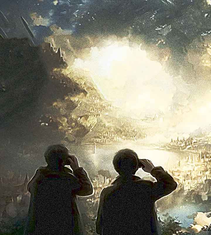 peinture hommes regardent coucher de soleil