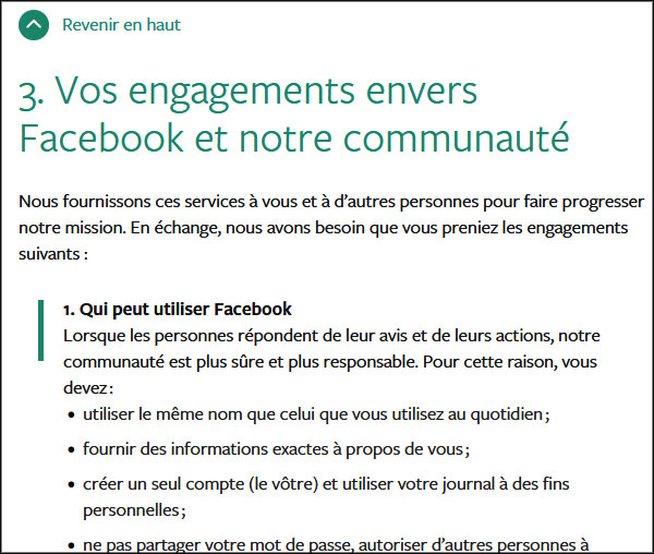 Conditions d'utilisation de Facebook
