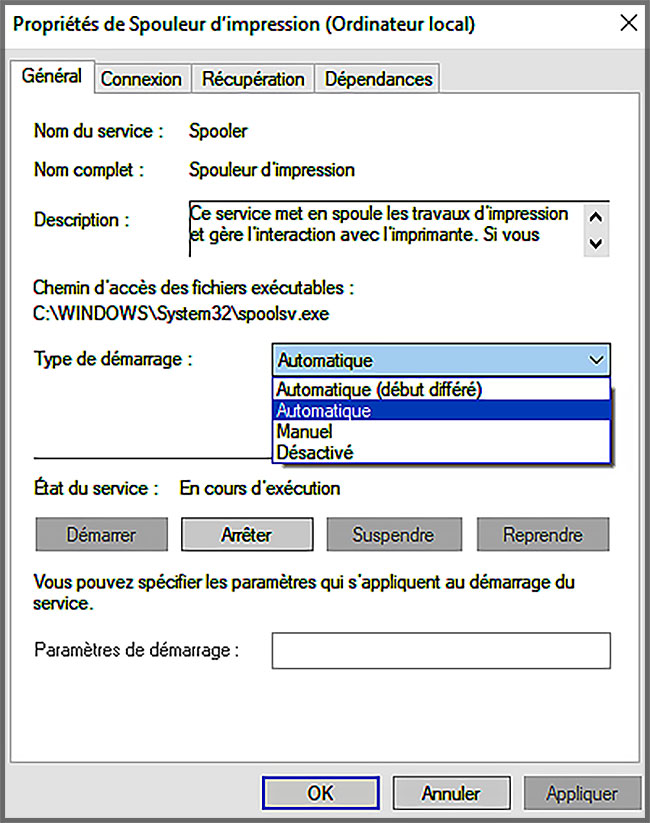 Proprietes Spooler Impression