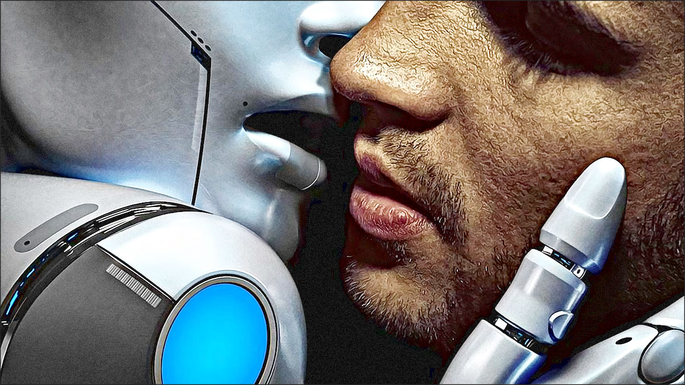 homme embrassant robot