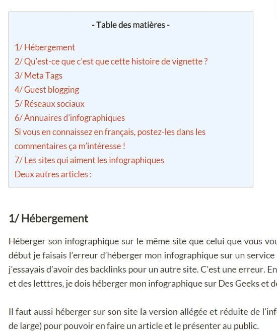 Exemple de table des matières : celle du blog Desgeeksetdeslettres