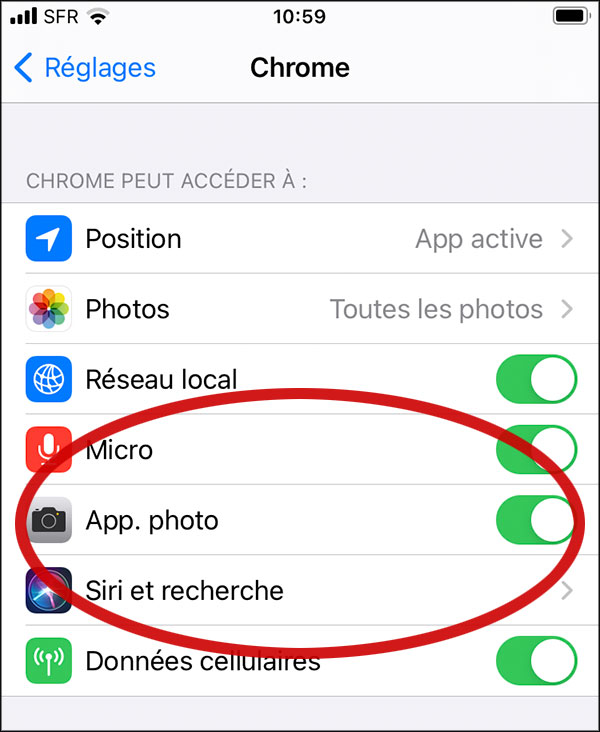 L'autorisation d'accès à l'appareil photo pour une application seulement