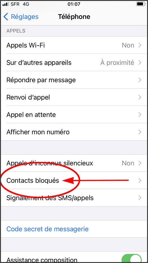 iPhone, Réglages, Contacts bloqués