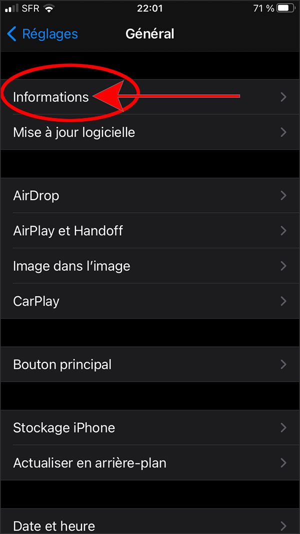 la sous rubrique informations dans les reglages dun iphone