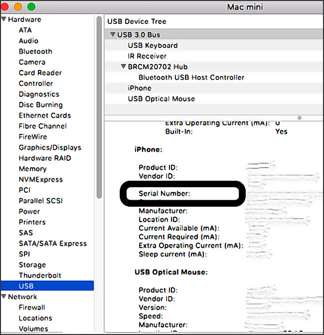 Numero de serie par connexion usb sur mac