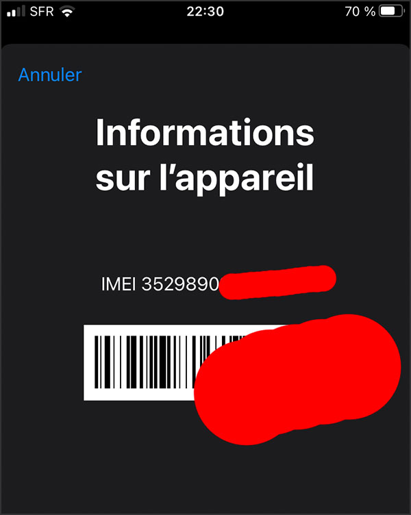 numero imei saffiche apres avoir compose le code au telephone