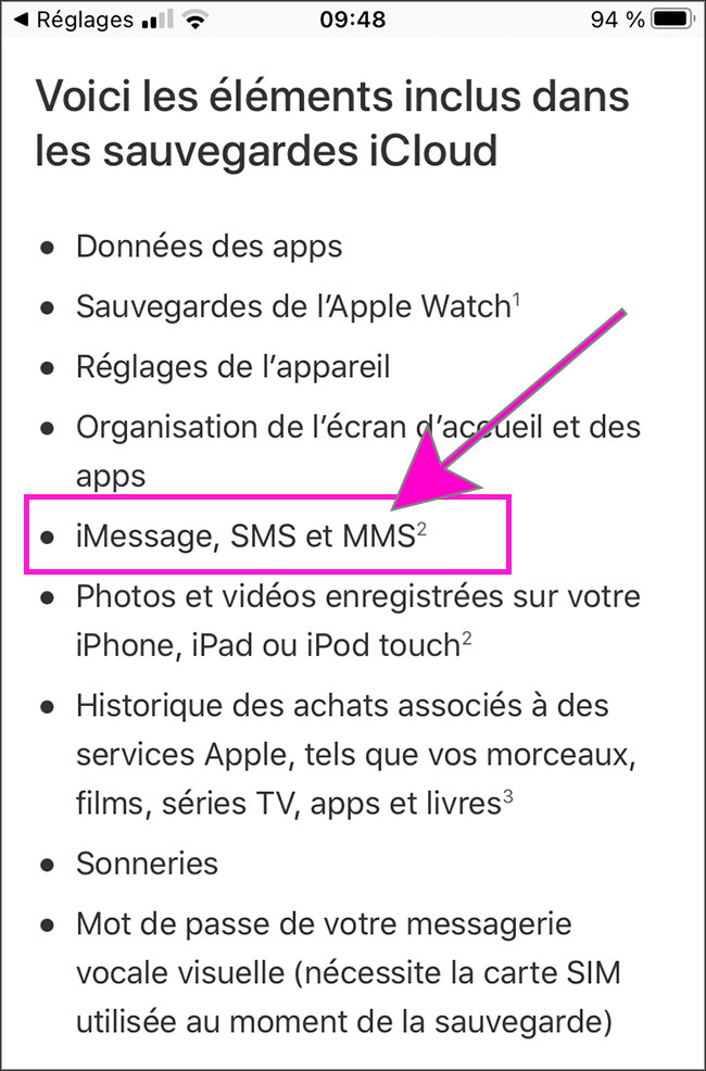 elements inclus dans sauvegarde icloud