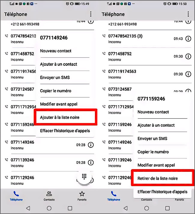 ajouter et retirer un numéro de la liste noire