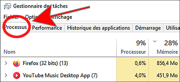 Onglet Processus dans le gestionnaire des tâches Windows 10