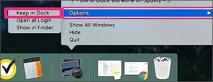 Menu contextuel d'une icône de dock macOS.