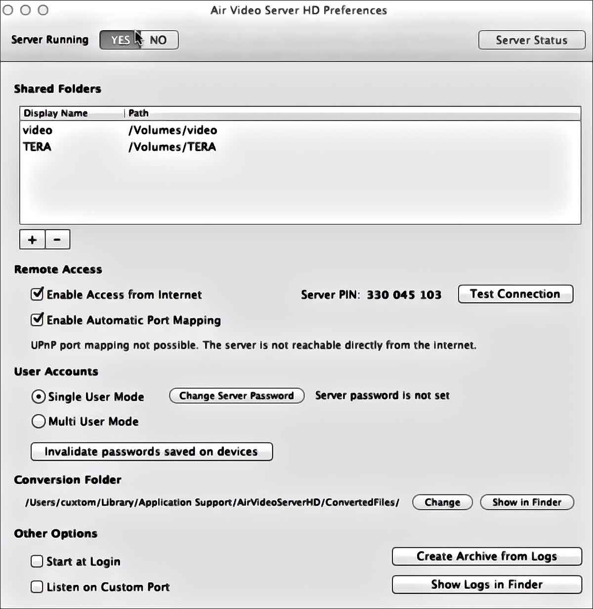 Paramètres de l'application air video hd