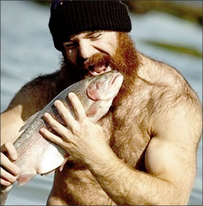 un homme muscle croque un poisson