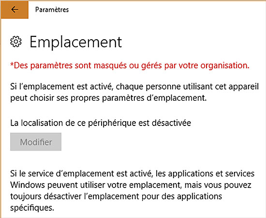 Désactiver la localisation dans Windows 10