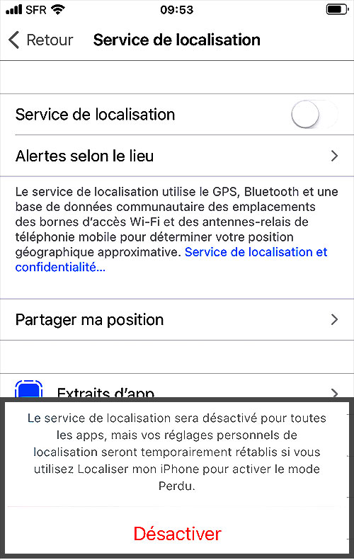 Désactiver service de localisation sur iPhone