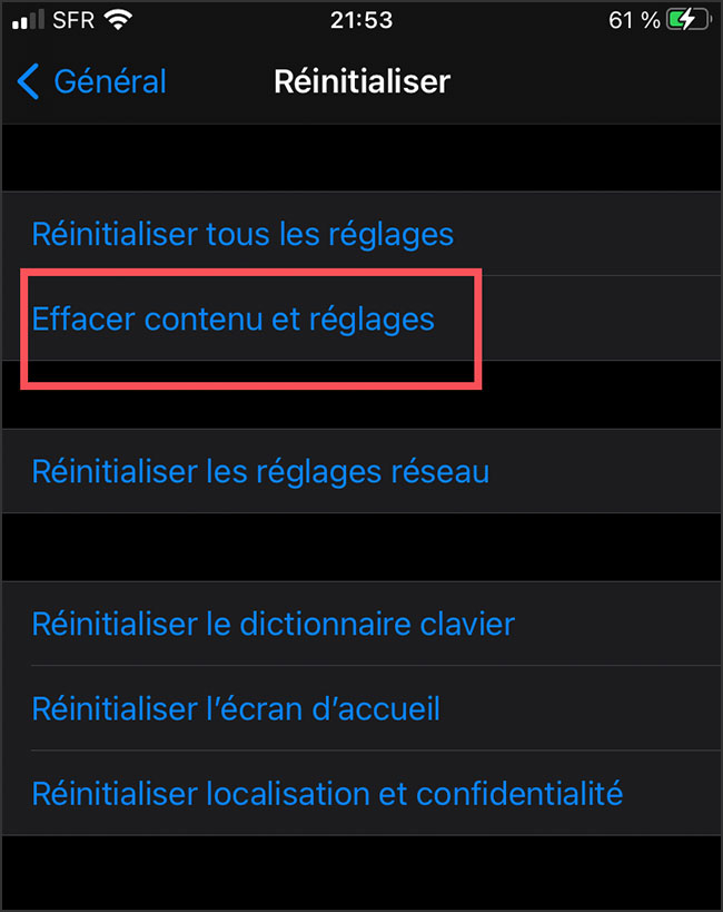 reinitialiser iphone