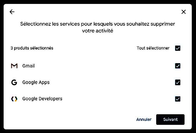 Sélectionnez les services pour lesquels vous souhaitez supprimer votre activité