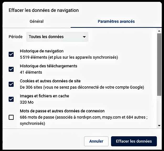 Effacer les données de navigation sous google chrome