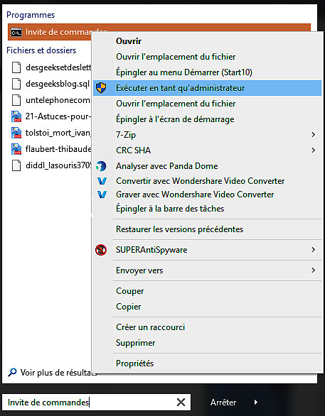 "Invite de commandes" dans votre boîte de recherche