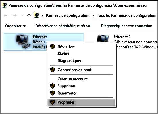 Ouvrir les paramètres réseau et Internet