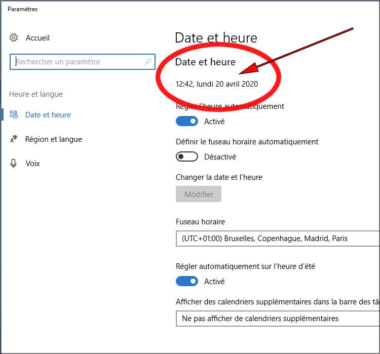 Corrigez la date et l'heure sous Windows