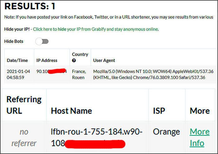 Grabify : Adresses IP dans la section "Résultats"
