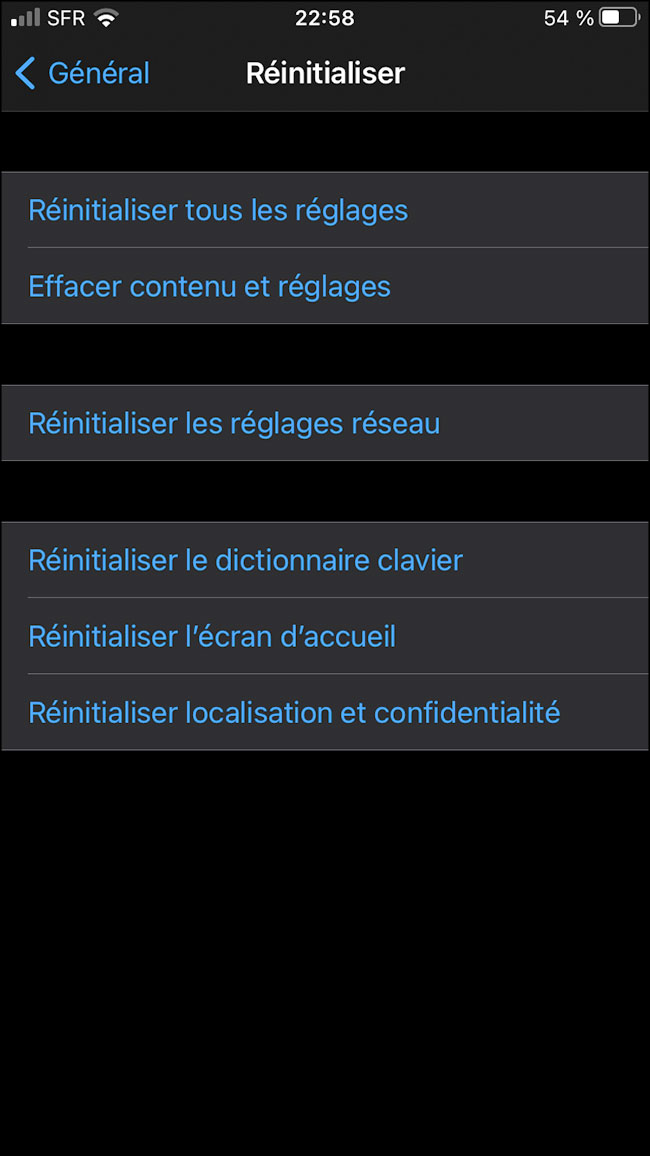 menu reinitialiser sur iphone