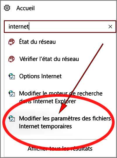 modifier les paramètres des fichiers internet temporaires