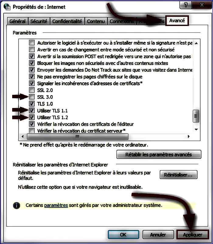 modifier les paramètres du protocole SSL/TLS