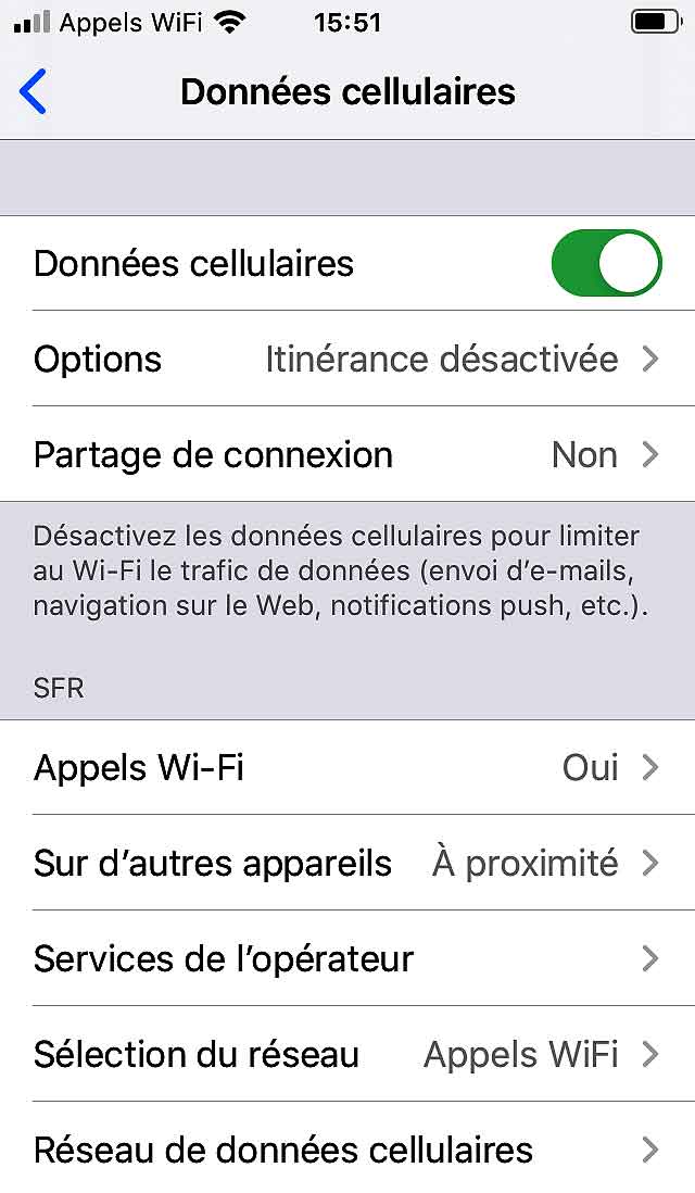 La rubrique "Données cellulaires" sur iPhone