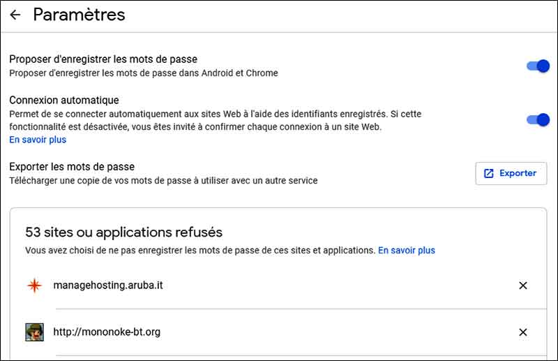 Paramètres du gestionnaire de mots de passe de Google