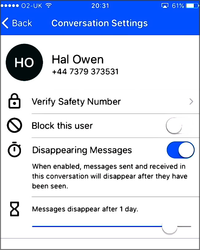 Signal : messages éphémères
