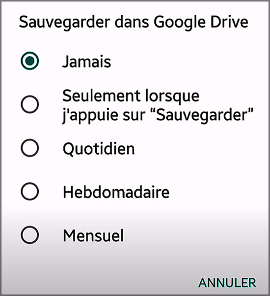 whatsapp : sauvegarde google drive