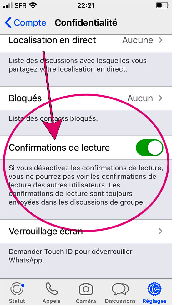 whatsapp, le réglage "confirmations de lecture"