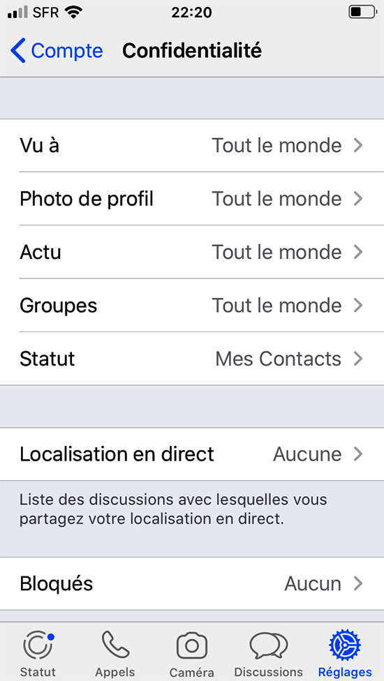 whatsapp, le réglage "vu à"