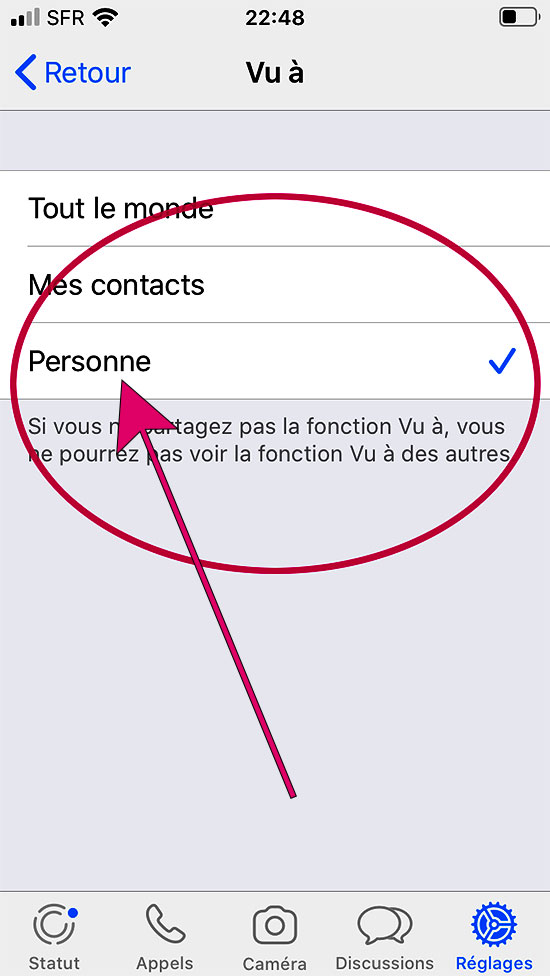 whatsapp : comment régler sur "personne"