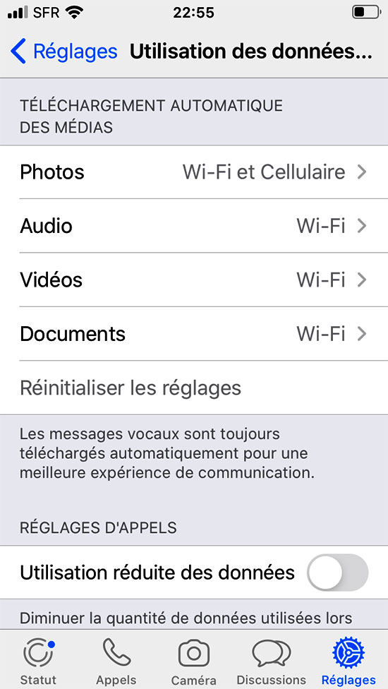 whatsapp option utilisation des données et du stockage