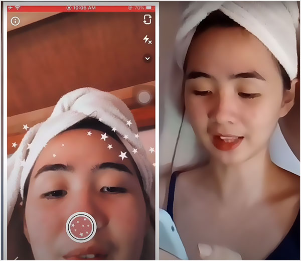 Une jeune fille s'applique un filtre Snapchat