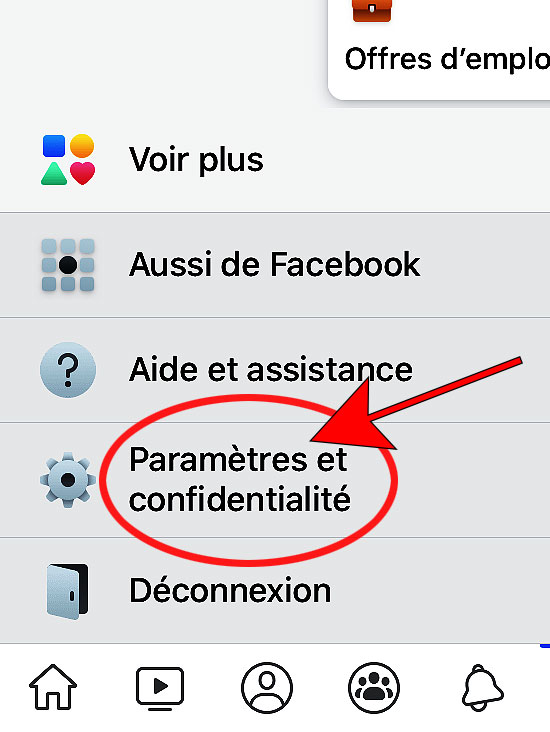 option Paramètres et confidentialité app facebook iphone
