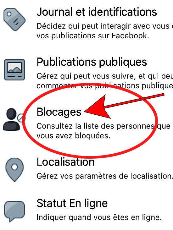 sous-rubrique PARAMETRES puis BLOCAGES Facebook