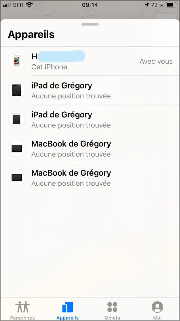 menu appareil application localiser