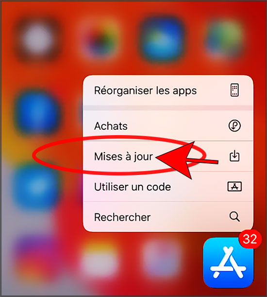 Raccourci "Mises à jour" sur iPhone