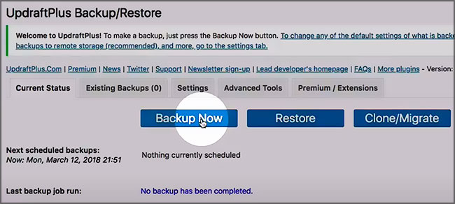 Plugin Udraftplus : Backup now