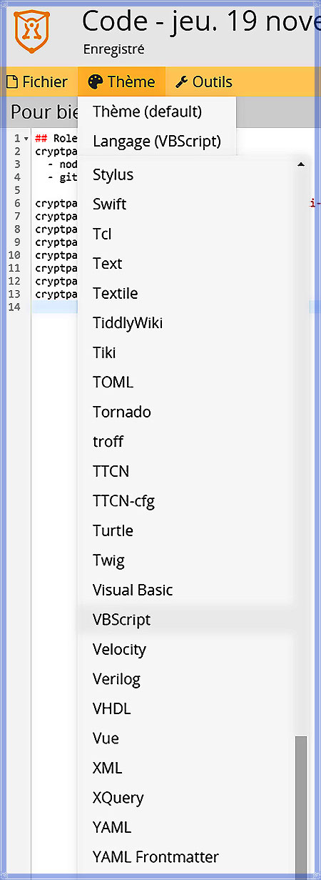 CryptPad : différents langages de codes informatiques supportés