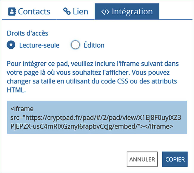 CryptPad : partager sur d'autres sites en iFrame
