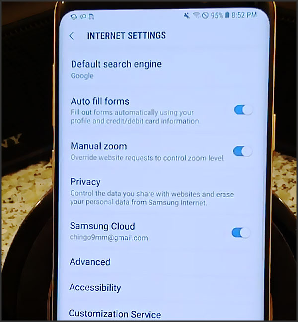 options samsung internet