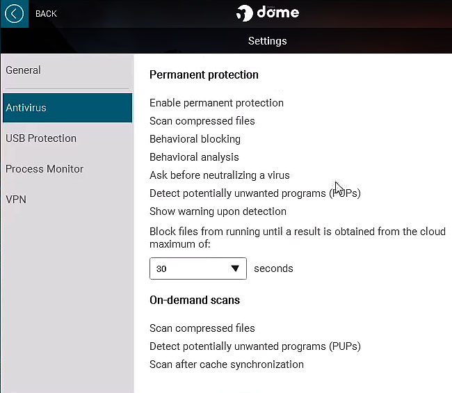 Paramètres de la rubrique Antivirus de Panda