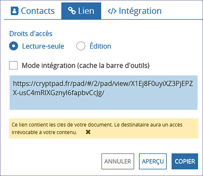 CryptPad partager avec un lien partageable
