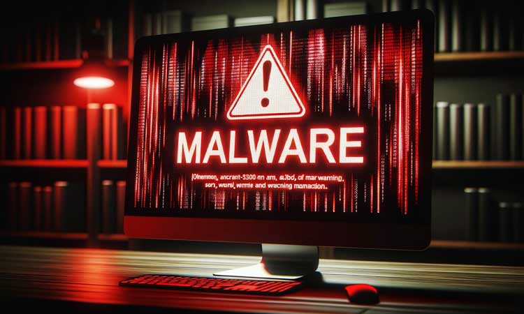 photo d'un écran d'ordinateur dans une pièce faiblement éclairée affichant un avertissement de logiciel malveillant de grande taille et bien visible. l'avertissement est de couleur rouge, avec un texte blanc en gras et un point d'exclamation. l'arrière-plan de l'écran présente une texture numérique, suggérant un problème de système ou une corruption.