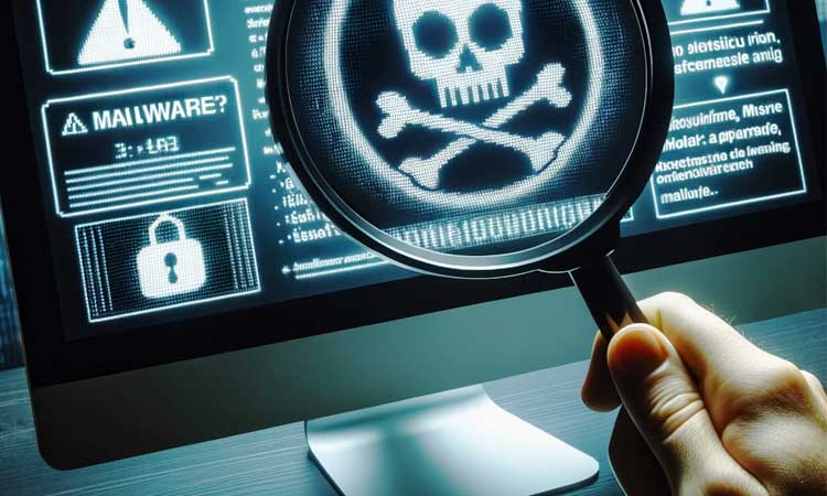 écran d'ordinateur affichant un avertissement sur les logiciels malveillants, avec des symboles menaçants tels qu'une tête de mort. à proximité, une main tient une loupe et se concentre sur le mot "malware" (logiciel malveillant) à l'écran