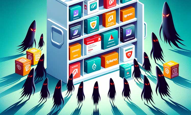 illustration d'une étagère contenant diverses boîtes de logiciels antivirus de marques renommées telles que kaspersky lab, symantec et trend micro. des ombres malveillantes tentent de s'approcher de l'étagère, mais sont repoussées par une lumière émanant des boîtes de logiciel.
